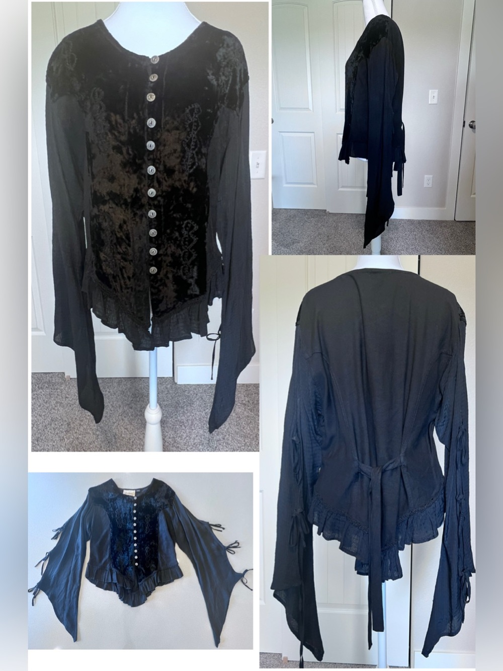 Vintage Crushed Velvet Embroidery 3 Ties Flared Sleeves Tie Back Rayon Free Size